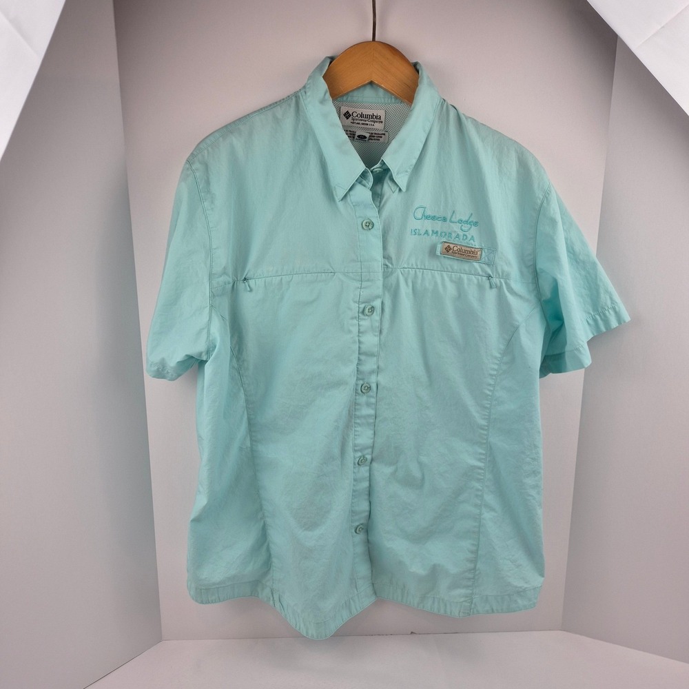 Columbia PFG Women's XL Fishing Shirt‎ Aqua Blue Coastal Resort Button Front